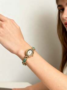 1pc Girl's Vintage French Bracelet Watch, Colorful Gemstone Decor, Luxury Niche Design, Daily Wear Gift Watch, Suitable For Christmas, Valentine's Day, Ramadan, Eid, Carnival - Gold - View 5