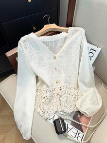 女士夏季蕾丝刺绣衬衫 - 柔软清爽轻盈上衣，完美打造百搭休闲春季造型 - 杏色 - 查看 5