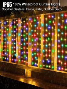 1条太阳能窗帘灯串 - 100/200/300颗LED灯珠，8种照明模式，IP65防水，户外太阳能灯串，适用于花园、露台、凉亭、房屋墙壁、家居、婚礼、派对、窗户、圣诞节、节日、复活节装饰，室内/室外（暖白/白/彩色） - 黑色 - 查看 4