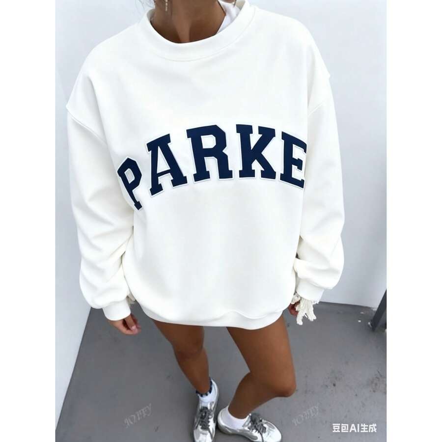 Women's Casual Letter Print Oversized Pullover Sweatshirt, Loose Fit Crew Neck Long Sleeve Hoodie, Fall Outfits For Airport, Back To SchoolNew Women's Fashion Breathable Printed Short Sleeveschristmas Outfit Women - 白色 - 查看 1