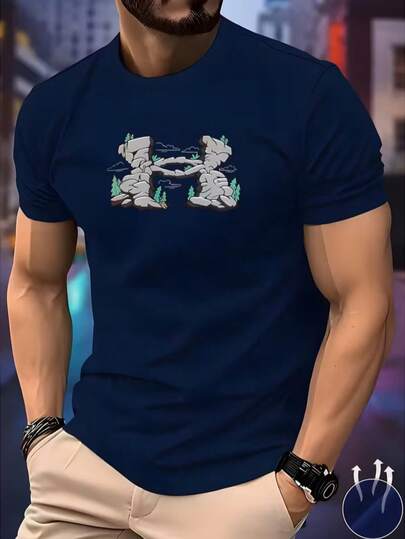 New Summer Men's Printed Casual Sports Short Sleeve T-Shirt, Versatile Comfortable Outdoor Lightweight Breathable Fitness Quick-Dry T-Shirt, Christmas Gift