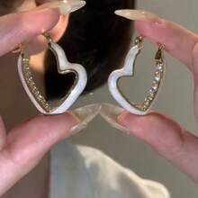 2pcs/1set Minimalist Heart Ear Cuffs, White Enamel Drop Earrings With Crystals, Simple Yet Statement Ear Jewelry, Dainty Ear Huggers - Multicolor - View 2