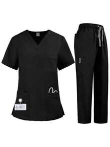 1 Set V-Neck Short Sleeve Slim Fit Shirt And Drawstring Straight Leg Casual Pants, Scrubs Set, Healthcare Scrub Uniform Set - Black - View 12