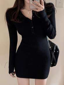 [Y6Y] 女士黑色针织毛衣连衣裙，长袖，纽扣前襟，修身短款连衣裙，高弹力，秋冬款式 - 黑色 - 查看 5