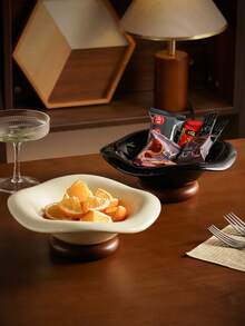 DearDali Asymmetrical Wavy Glazed Ceramic Fruit Bowl With Walnut Wood Base, Creative Home Decor Fruit Tray For Living Room, Entryway