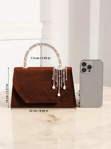 REMANLAND Lightweight Business Casual Crystal Decor Bucket Bag, Mini Drawstring Design, Transparent Faux Pearl Clutch, Evening Bag, Charming, Elegant And Refined, Understated Luxury, Crystal Embellished, Suitable For Party Girls, Ladies, Brides, Perfect Match For Party, Gala/Banquet, Christmas Party Dress, Coordinate With New Year Outfit, Ideal Accessory For Women's Party Dress, Wedding, Graduation Gown, Prom Dress - Brown - View 5