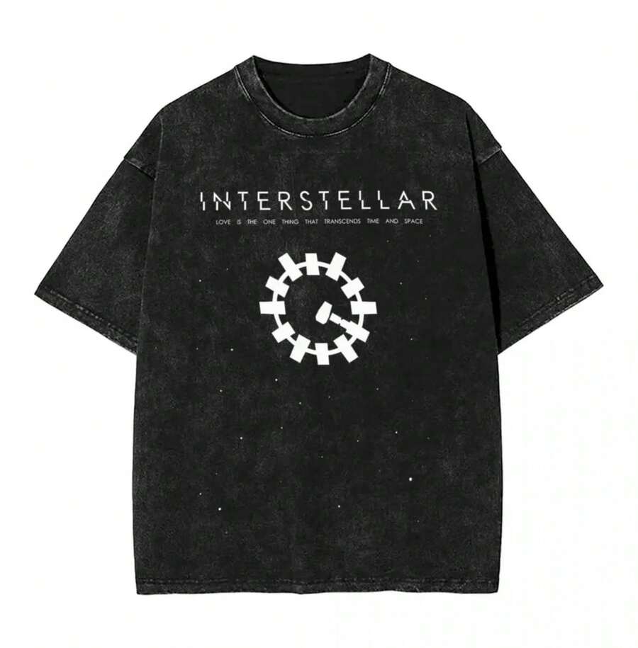 Washed T Shirt Interstellar Hip Hop Vintage T-Shirts Harajuku Streetwear Short Sleeve Summer Tops Tees Men Women - 黑色 - 查看 1