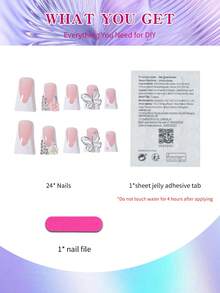 用这款24件套Y2K长棺材形美甲套装升级你的造型！白色法式3D蝴蝶花朵水钻美甲，完美贴合，亚克力材质，套装包含：1瓶果冻胶和1把指甲锉。棺材形法式美甲，适合女性和女孩DIY日常、节日派对等场合。 - 彩色 - 查看 2