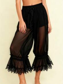 Women's Mesh Sheer Long Bloomer Pants Lace Patchwork Drawstring Elastic Waist Victorian See-Through Capri Pants Lounge Pettipants Going Out Pants - màu đen - Xem 1