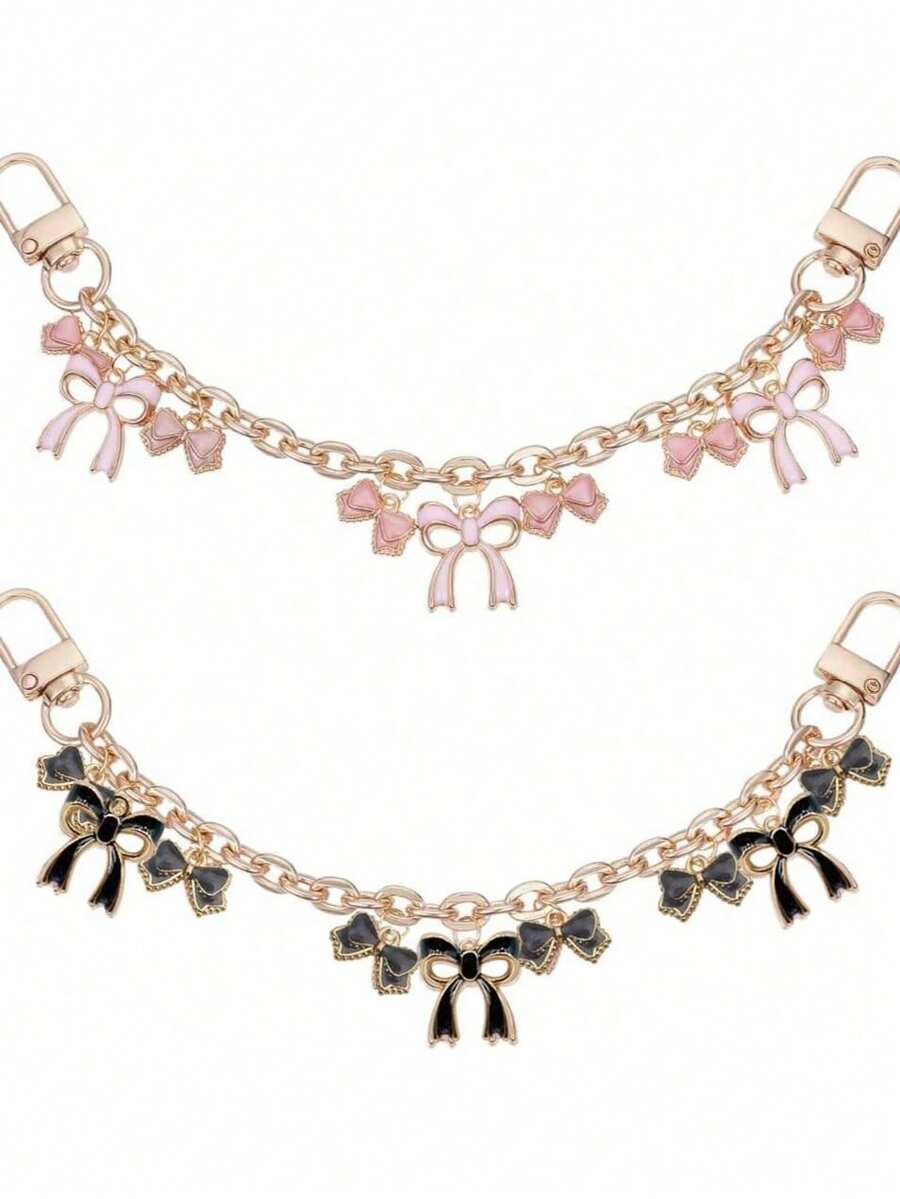 1/2pcs Black & Pink Bow Wallet Chain Pendant, Bow Bag Chain, Alloy Bag Strap Extender Chain With Enamel Pink Bow Pendant, Suitable For Wallets And Handbags - Multicolor - View 1