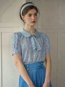 Simple Retro 女士精致碎花彼得潘领衬衫 - 休闲短袖纽扣蝴蝶结复古衬衫 - 查看 6