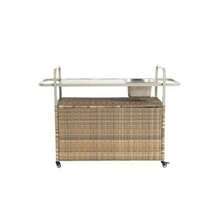 Garden Table, Rattan Bar Cart With Cabinet, Serving Cart With Steel Top, Including Ice Container, Lockable Casters And Side Basket For Garden, Pool And Terrace, Beige