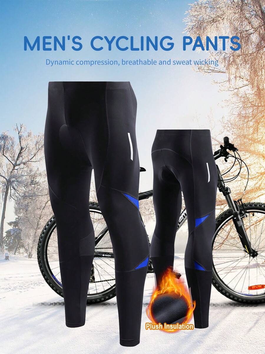 Men Cycling Long Pants Fleece Inner Sportswear High Stretch Thermal Lined Active Wear Fitness Pants Tights Cycling Pants - Blue - View 1