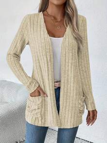 Women's Solid Color Ribbed Brushed Pocket Cardigan Jacket, Long Sleeve, Autumn/Winter, New Arrival, Cross-Border Export To Europe And America Spring - Apricot - View 4