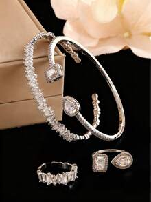 Set de 4 piezas de pulsera y anillo con gota asimétrica geométrica de cielo estrellado de circonita, joyería minimalista de alta gama unisex - Juego de cuatro piezas - Ver 6