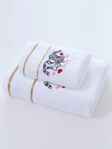 Juego de toallas para pareja o individual para el Día de San Valentín - Toalla de baño de algodón puro con bordados de gato y motivos de corazón, ultra suave y absorbente con ribete dorado, decoración de baño lujosa - Blanco - Ver 11