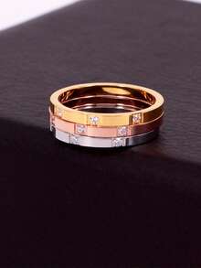 1pc/2pcs/3pcs Gold-Plated Stainless Steel Rhinestone Rings, Unisex Daily Wear & Party Wedding Bands, Great Gift Choice - Multicolor - View 22