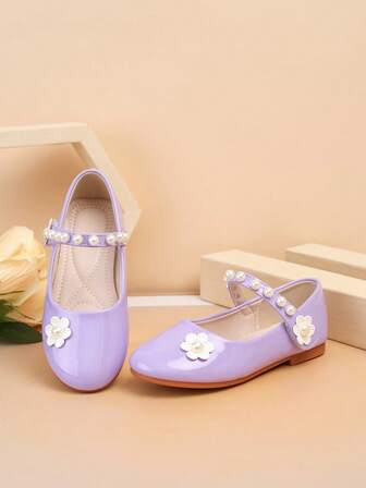 1 Pair Girls' Butterfly & Daisy Mary Jane Decorated Design Casual Outdoor Round Toe Flat Princess Shoes, Suitable For All Seasons