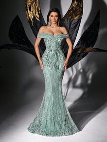 Charm Goddess Sequins Embellished Banquet Evening Gown Beads Cocktail Formal Dress Solid Color Mermaid Hem Backless Sleeveless - Mint Green - View 2