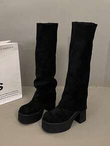 (Phù hợp với chân thon) Giày bốt cao đến đầu gối đế chunky, kiểu xỏ chân dành cho nữ - Gót cao, bốt đế platform dành cho nữ, phần trên bằng vải thoải mái và đế cao su, bốt cao đến đầu gối dành cho nữ, bốt cao màu đen thanh lịch, phù hợp cho cả dịp thường ngày và trang trọng, bốt cao gót, giày dép trang trọng, thiết kế bốt thời trang, trang phục mùa đông dành cho nữ, bốt - màu đen - Xem 4