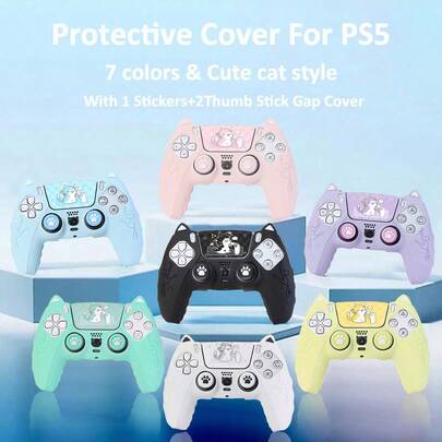 Playstation 5 Handle Protective Cover - Cute Cat Design Anti-Slip Cover With Thumb Grip Caps & Decorative Skin