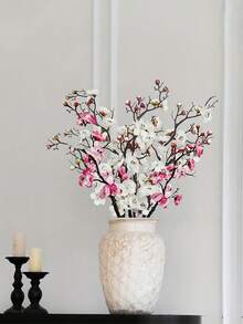 4支人造白色粉色梅花枝条，长茎塑料花心花瓶插花，适用于DIY花墙场景布置、冬季装饰、情人节礼物，适合婚礼、派对、厨房、办公室、家居装饰