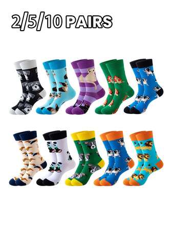 2/5/10双装 随机 时尚百搭创意 AB 不对称高帮袜，图案包含卡通动物、工具和人物