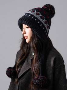 1 件女士纯色秋冬针织帽，带可爱绒球，小头围，耳暖，适合日常佩戴 - 彩色 - 查看 22