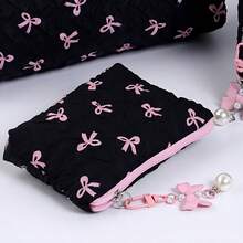 Cute Bow & Heart Shaped Cosmetic Bag With Wrist Strap, Large Capacity Makeup Organizer Pouch Doubles As Travel Bag, Elegant Gold-Tone Hardware (Black/White/Pink) - Perfect Gift Choice - Multicolor - View 9