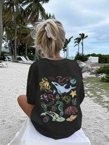波西米亚风女童服装 - 可机洗，“丰富的海洋生物”印花休闲度假图案T恤，适合爱干净的女孩，青少年夏季上衣，少女衬衫 - 黑色 - 查看 3