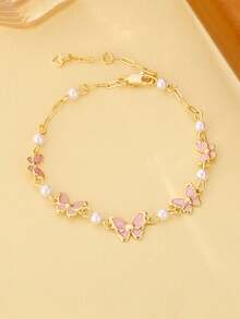 1条S925纯银粉色珐琅镀金蝴蝶珍珠手链，优雅奢华，适合派对、送礼、婚礼、日常佩戴，配有精美礼盒，是生日、圣诞节、母亲节的理想之选。