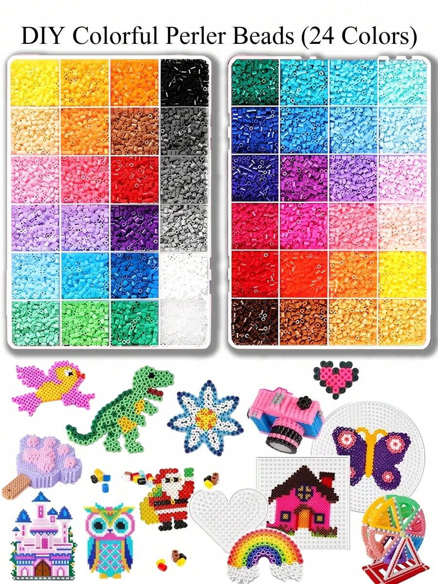24 Colors Approximately 6000 Mini Beaded Ornaments - Safety Pin Bead Set, 3D Pixel Mosaic Ironing, Diy Craft Decoration Kit, High-Quality Fusible Glass Beads, Suitable For Creative Art Projects And Home Decoration.