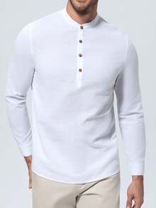 男士休闲亨利领长袖衬衫，立领，夏季沙滩嬉皮风纽扣T恤 - 白色 - 查看 3