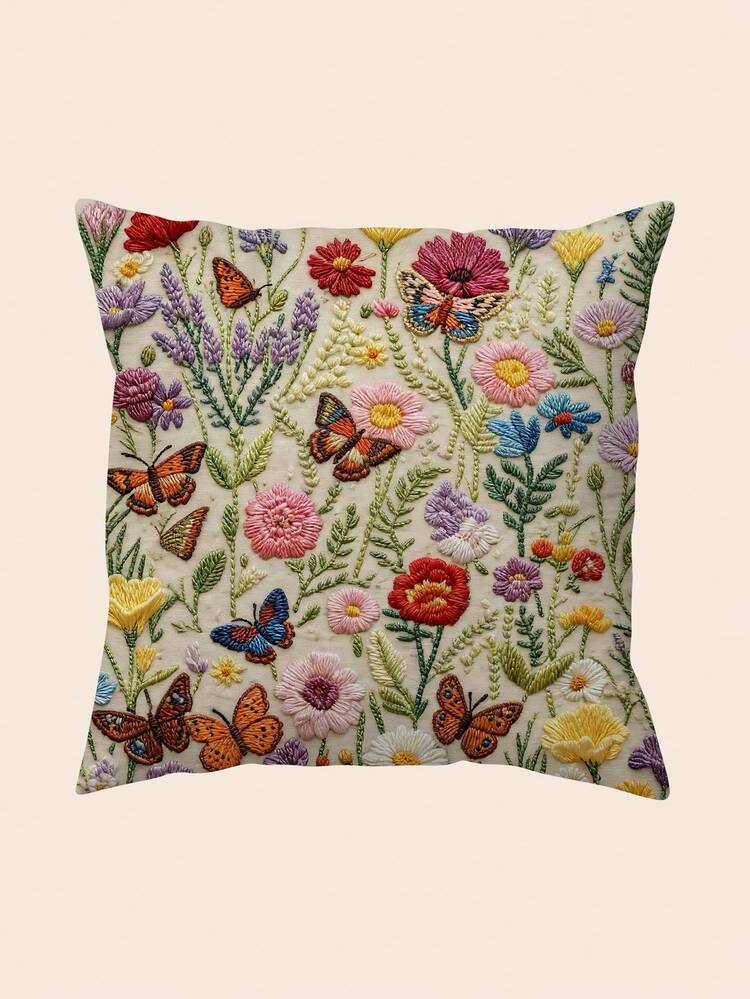 1 pieza Funda de cojín con estampado floral, lavable a máquina con cierre de cremallera, patrón floral vibrante impreso decorativo, adecuado para la decoración del hogar y la oficina (no se incluye el relleno del cojín) (sin bordado) - Multicolor - Añade 5