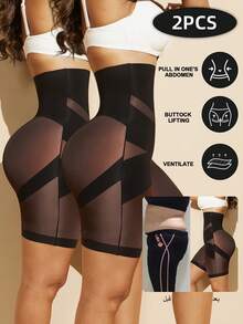 2pcs Women's Steel Boned Shapewear High Waist Tummy Control & Butt Lift Double Layer Compression X-Design Seamless Breathable Fabric Lumbar Figure - Black - View 8