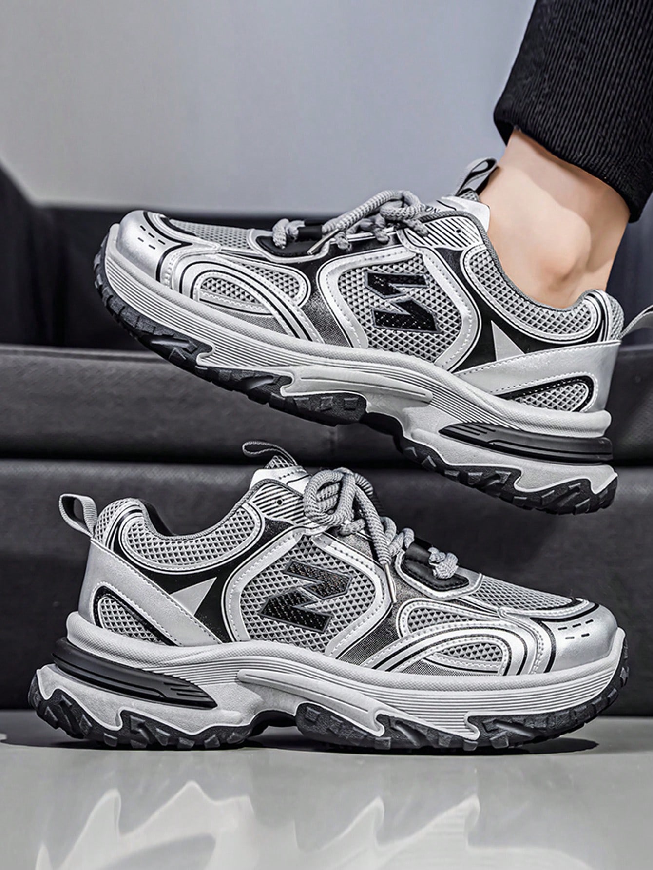 أحذية رياضية رجالية بتصميم سميك، قماش شبكي مرقع، س...