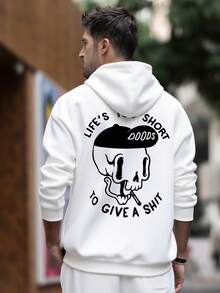 ONE WAVE Men's Autumn/Winter Funny Skull Element Print Fleece Lined Hoodie Sweatshirt - White - View 2