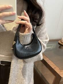 Mini Cute Solid Color Handbag For Women, Fashionable High-Quality Lightweight Crescent Shaped Shoulder Bag - Black - View 3