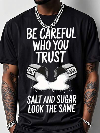 Men's Funny Gym T-Shirt With Salt & Sugar Trust Graphic Print - 200g Heavyweight Cotton Relaxed Fit Breathable Short Sleeve Crew Neck Casual & Workout Shirt For Summer - Salt Shaker Design Fitness Apparel For Salt Lovers (Machine Washable) - Black With White Salt Crystal Print, Loose Fit Outdoor Fitness Top, Geometric Pattern, Adult Men's Fashion, Humorous Salt-Themed Design