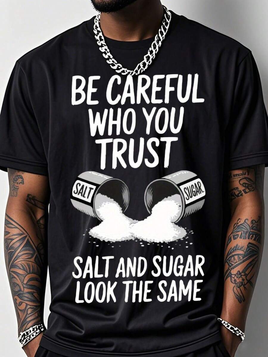 Men's Funny Gym T-Shirt With Salt & Sugar Trust Graphic Print - 200g Heavyweight Cotton Relaxed Fit Breathable Short Sleeve Crew Neck Casual & Workout Shirt For Summer - Salt Shaker Design Fitness Apparel For Salt Lovers (Machine Washable) - Black With White Salt Crystal Print, Loose Fit Outdoor Fitness Top, Geometric Pattern, Adult Men's Fashion, Humorous Salt-Themed Design - 白色 - 查看 1
