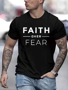 Men'S Faith Over Fear Christian Graphic T-Shirt - With Lettering, Casual Round Neck Short Sleeve, Breathable Summer Tee For Church Events & Casual Attire, Inspirational Bible Verse Apparel - trắng - Xem 8