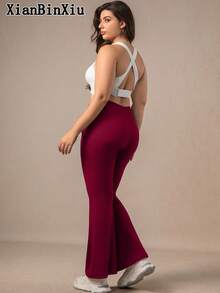 XianBinXiu 1pc Plus Size Navy Blue Flare Yoga Pants, High Waist Slimming Casual Yoga Trousers With Pockets, Knit Fabric, Elastic & Comfortable, Suitable For Daily Casual Wear And Yoga, All Seasons, Moisture-Wicking Stretchy Leggings, Low-Impact Yoga Pilates Ballet Studio Casual Wear, Spring/Summer - Burgundy - View 9
