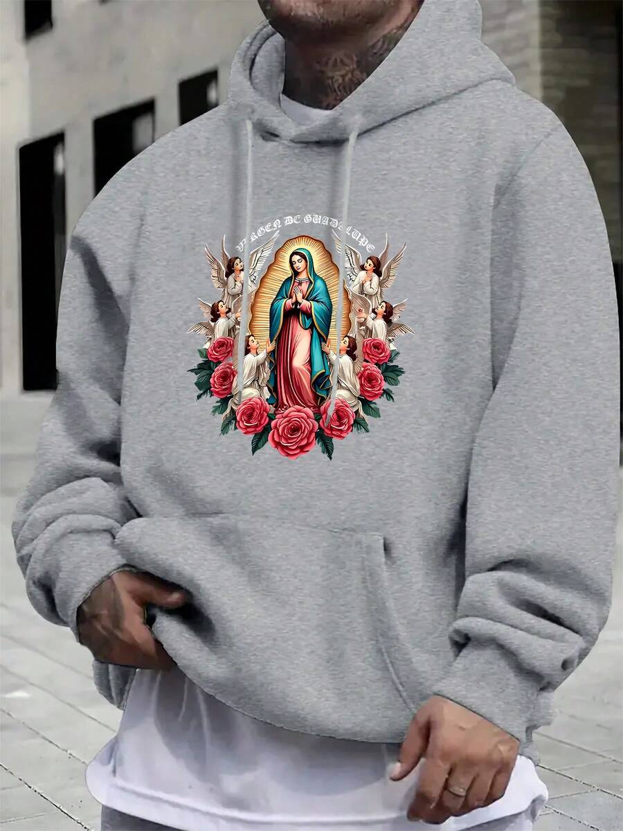 Sudadera Casual de Manga Larga para Hombre con Estampado de "VIRGEN DE GUADALUPE", Reflejando las Profundas Emociones y Connotaciones Religiosas de la Cultura Católica Mexicana. - Gris - Ver 1