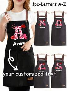 1pc Customized Floral & Alphabet A-Z Print Apron With Large Pocket, Waterproof, Stain & Oil Resistant. This Personalized Kitchen Cooking Apron With Adjustable Neck And Waist, Suitable For Cooking And Grilling, Great Gift For Christmas And Thanksgiving, Unisex.