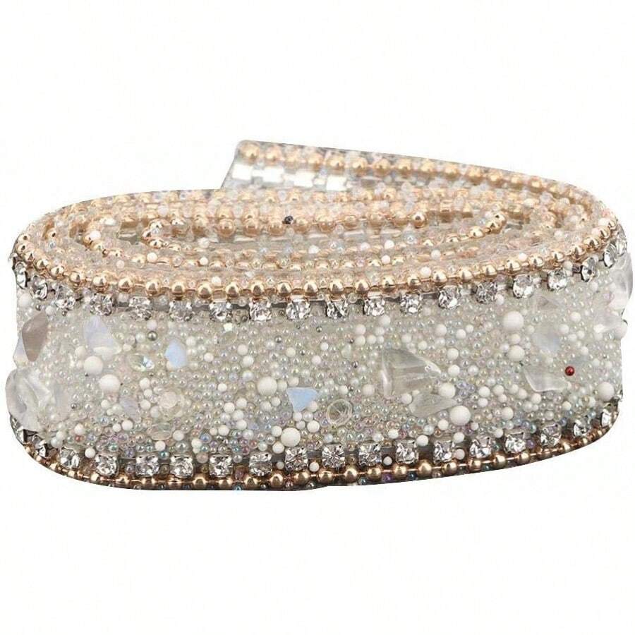 Cadena de Strass con Adhesivoérmico, Cinta de Cristales 2.5cm x 50cm para Manualidades, Vestidos Novia, Bisutería y Decoración, Color Dorado con Cuentas y Piedras Blancas - #01 - Ver 1