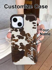 1pc Customized Minimalist Cow Print Name & Letter 2-In-1 Glossy Filmic Hard Phone Case Cover, Compatible With IPhone 11/12/13/14/15/16/17 Pro Max - Multicolor - View 2