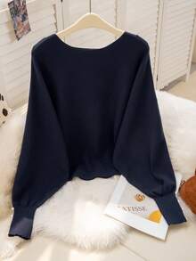 蝙蝠袖女士休闲毛衣，珍珠纽扣袖口设计，加厚长袖宽松针织套头衫，适合外出、通勤、约会、圣诞节、新年、秋冬季穿着。 - 藏蓝色 - 查看 6