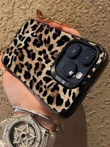 Cheetah,Leopard Print 1pc Black & Gold Leopard Print Pattern Metal Button Matte Anti-Drop Phone Case Compatible With IPhone 17, 16, 15, 14, 13, 12, 11 Pro Max, Series,International Version, Not The Domestic Version - Multicolor - View 3