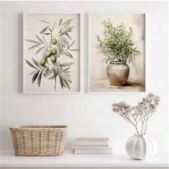 2 piezas Pósteres enmarcados opcionales Obras de arte de pared Pintura en lienzo de rama de olivo Impresión retro de plantas Decoración de pared para sala de estar y dormitorio
