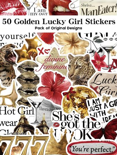 50pcs Golden Lucky Girl Stickers Holiday Gifts Party & Home Decor Class Reward Birthday Gift Decoration Scrapbook Laptop Luggage Guitar Water Cup Phone Case DIY Decal